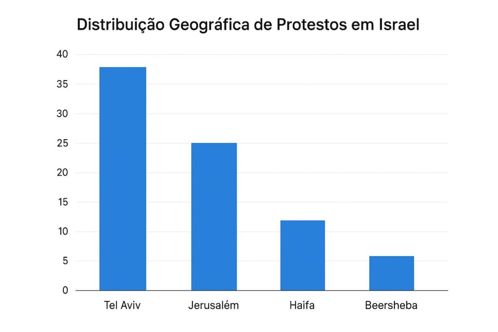 O gráfico apresenta a quantidade de protestos em quatro cidades israelenses: Tel Aviv, Jerusalém, Haifa e Beersheba. Os números no eixo vertical representam o total de protestos em cada cidade.