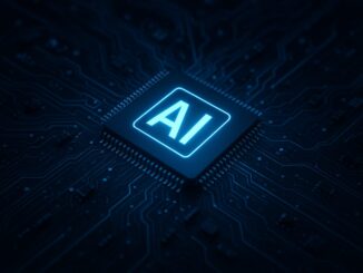 Chip de computador iluminado com a sigla AI no centro, representando inteligência artificial e tecnologia avançada.