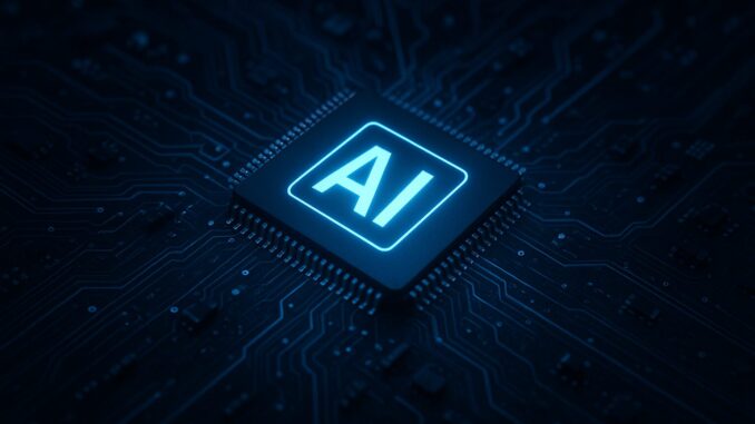 China Lança Pacote ‘AI Plus’ para Liderança em Tecnologia Chip de computador iluminado com a sigla AI no centro, representando inteligência artificial e tecnologia avançada.