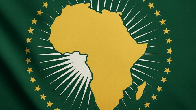 África Empreendedora: O Setor Privado como Pilar da Transformação Sustentável Mapa dourado da África cercado por raios brancos e uma coroa de estrelas douradas sobre fundo verde, símbolo da União Africana.