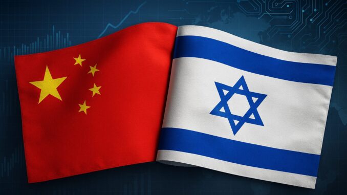 China e Israel: Parcerias Tecnológicas e Econômicas em 2025 Bandeiras da China e de Israel lado a lado, simbolizando cooperação econômica e tecnológica entre os dois países em 2025.