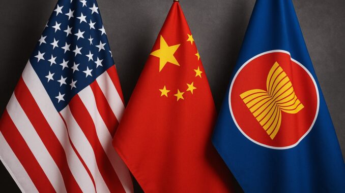 Geopolítica em Jogo: EUA, China e o Novo Tabuleiro do Sudeste Asiático Bandeiras dos Estados Unidos, China e Associação das Nações do Sudeste Asiático (ASEAN) lado a lado sobre um fundo cinza escuro.