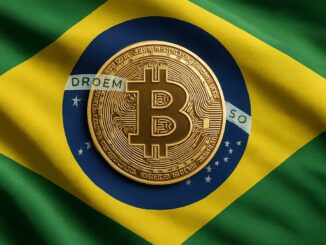 Bandeira do Brasil com uma moeda de Bitcoin dourada no centro do círculo azul, substituindo o brasão tradicional.