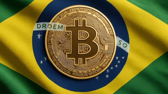 Bitcoin na Bandeira: O Brasil e sua Nova Reserva Estratégica Bandeira do Brasil com uma moeda de Bitcoin dourada no centro do círculo azul, substituindo o brasão tradicional.