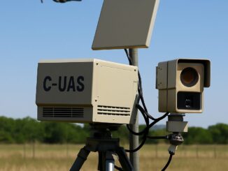 Equipamento de defesa contra drones em campo aberto com drone voando ao fundo, tecnologia moderna para proteção de infraestruturas críticas.