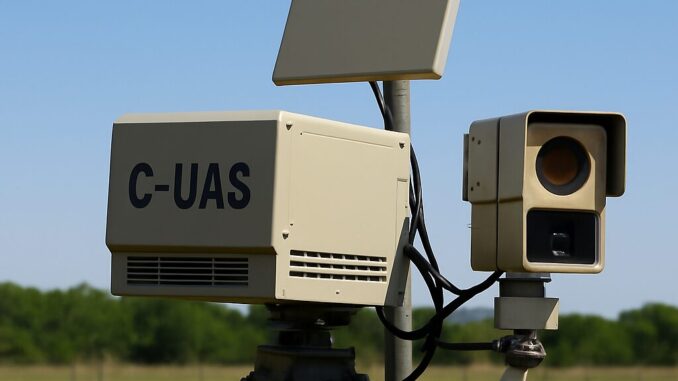 Austrália Fortalece Defesa Contra Drones para Proteger Infraestruturas Críticas e Forças Armadas Equipamento de defesa contra drones em campo aberto com drone voando ao fundo, tecnologia moderna para proteção de infraestruturas críticas.