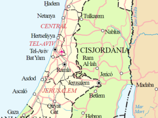 Mapa detalhado da Cisjordânia mostrando Jerusalém, Hebron, Nablus, Betlem, Gaza e assentamentos próximos, com fronteiras e principais cidades marcadas.