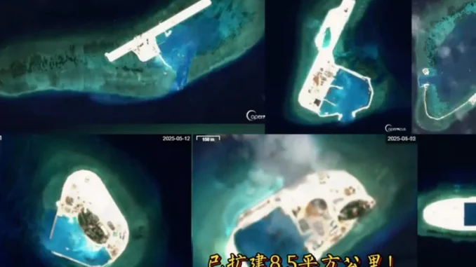 spratly-vietna-expansao-militar Imagem de satélite das Ilhas Spratly mostrando áreas controladas pelo Vietnã e expansão de instalações militares.