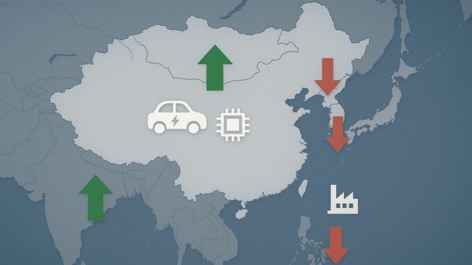 Atividade Industrial na Ásia – Agosto 2025 Mapa estilizado da Ásia mostrando crescimento industrial na China e Índia (setas verdes) e contração no Japão, Coreia do Sul e Taiwan (setas vermelhas), com ícones de veículos elétricos e semicondutores sobre a China e um ícone de indústria na região da Ásia-Pacífico.
