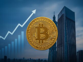 Gráfico financeiro em crescimento com o logotipo do Bitcoin em destaque e prédios corporativos modernos ao fundo, simbolizando a adoção de criptomoedas pela empresa WiseLink em Taiwan.