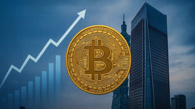 Gráfico financeiro em crescimento com o logotipo do Bitcoin em destaque e prédios corporativos modernos ao fundo, simbolizando a adoção de criptomoedas pela empresa WiseLink em Taiwan.