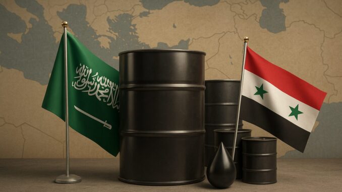 Petróleo Saudita para Síria Barris de petróleo com bandeiras da Arábia Saudita e Síria, simbolizando fornecimento de combustível e cooperação econômica entre os países.