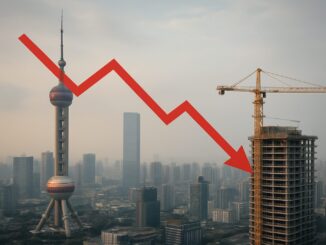 Gráfico descendente vermelho sobre a silhueta de prédios urbanos na China, simbolizando a desaceleração econômica, queda no PIB e dificuldades no mercado imobiliário e emprego.