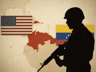 Silhueta de soldado em posição defensiva com as bandeiras da Venezuela e dos Estados Unidos ao fundo, representando a tensão militar entre os dois países.