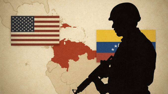Silhueta de soldado em posição defensiva com as bandeiras da Venezuela e dos Estados Unidos ao fundo, representando a tensão militar entre os dois países.