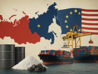 Navios cargueiros sendo carregados em portos com barris de petróleo e minério, com bandeiras da Rússia, União Europeia e Estados Unidos ao fundo, simbolizando o comércio internacional e a geopolítica.