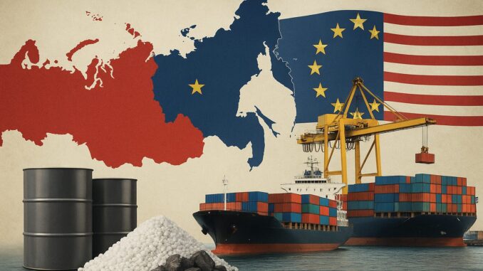 Navios cargueiros sendo carregados em portos com barris de petróleo e minério, com bandeiras da Rússia, União Europeia e Estados Unidos ao fundo, simbolizando o comércio internacional e a geopolítica.