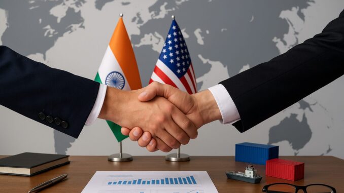 Dois homens de terno apertando as mãos com bandeiras da Índia e dos Estados Unidos ao fundo, simbolizando negociações comerciais bilaterais.