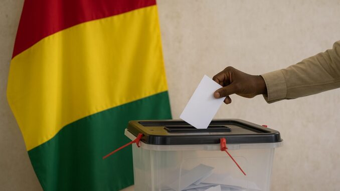 Pessoa depositando voto em urna com a bandeira da Guiné ao fundo, simbolizando o referendo constitucional de 2025.