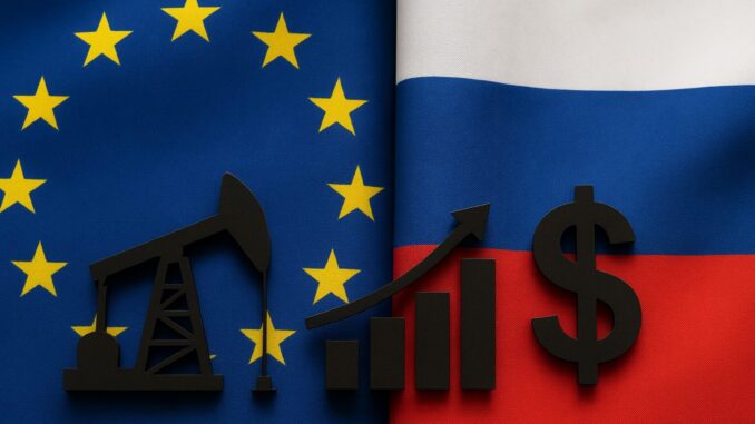 Bandeiras da União Europeia e Rússia com ícones de petróleo, gráfico em alta e símbolo de dólar, representando impacto econômico e energético das sanções russas.