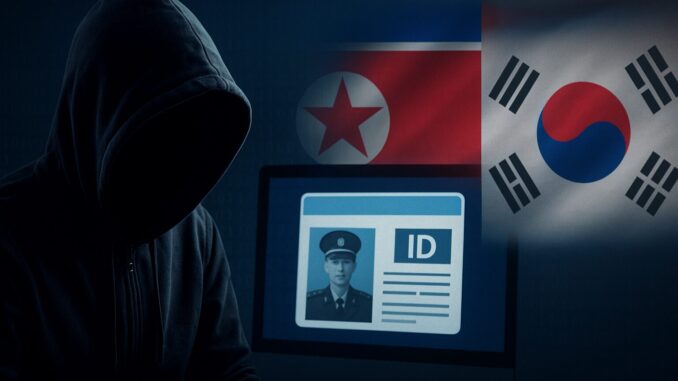 Hacker encapuzado diante de tela de computador exibindo identidade militar falsa, com bandeiras da Coreia do Norte e Coreia do Sul ao fundo, simbolizando ataque cibernético.