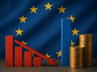 Gráfico de barras mostrando o impacto econômico das sanções da União Europeia sobre a Rússia, com cores da bandeira da UE ao fundo.