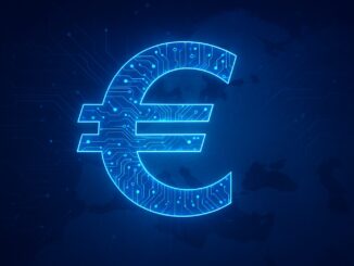 Símbolo do euro digital brilhando em tons de azul, representando tecnologia financeira e inovação monetária na União Europeia.