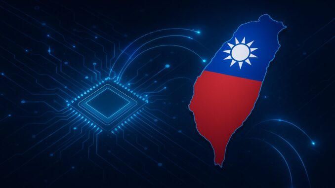 Taiwan e Computação Quântica Mapa de Taiwan com a bandeira do país sobreposta, conectado a um chip de computador, representando computação quântica e tecnologia de alto desempenho.
