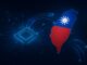 Mapa de Taiwan com a bandeira do país sobreposta, conectado a um chip de computador, representando computação quântica e tecnologia de alto desempenho.