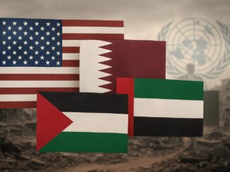 Bandeiras dos Estados Unidos, Catar, Emirados Árabes Unidos e Palestina sobre fundo de destruição em Gaza, simbolizando discussões internacionais sobre administração temporária e reconstrução pós-guerra.