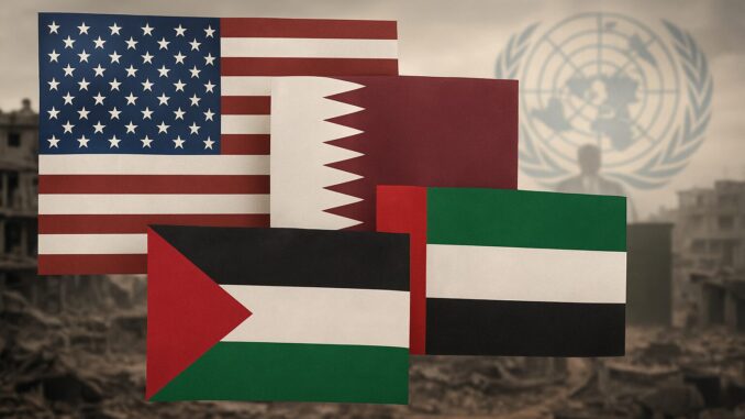 Bandeiras dos Estados Unidos, Catar, Emirados Árabes Unidos e Palestina sobre fundo de destruição em Gaza, simbolizando discussões internacionais sobre administração temporária e reconstrução pós-guerra.