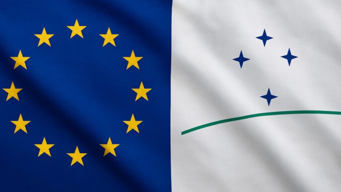 Acordo União Europeia – Mercosul Bandeiras da União Europeia e do Mercosul lado a lado, simbolizando o acordo de livre-comércio.