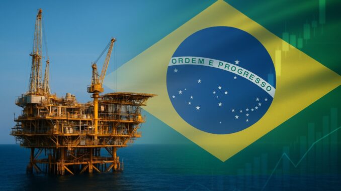 Brasil bate recorde na produção de petróleo Plataforma de petróleo no mar com a bandeira do Brasil ao fundo, simbolizando o recorde histórico de produção de petróleo do país em 2025.