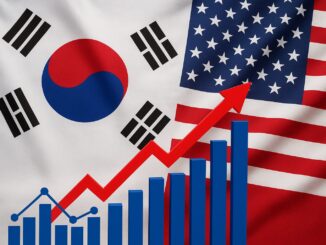 Bandeiras da Coreia do Sul e dos Estados Unidos com gráficos de comércio representando exportações e tarifas.