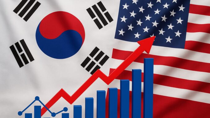 Comércio EUA-Coreia do Sul 2025 Bandeiras da Coreia do Sul e dos Estados Unidos com gráficos de comércio representando exportações e tarifas.