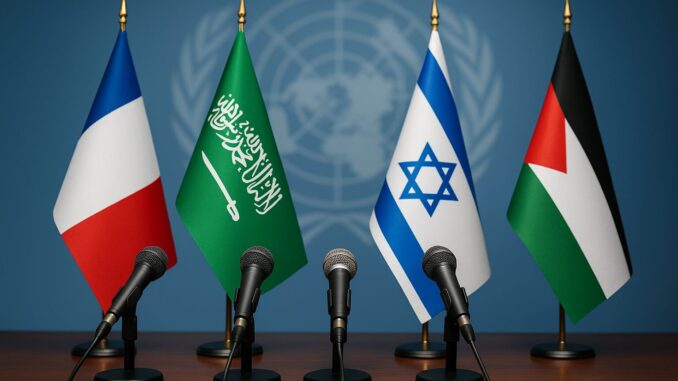 Proposta de Dois Estados: França e Arábia Saudita em Negociações Diplomáticas lustração de mesa de negociações com microfones e bandeiras da França, Arábia Saudita, Israel e Palestina, representando proposta diplomática para solução de dois Estados no conflito israelo-palestino.
