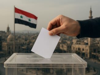 Mão depositando voto em urna transparente com bandeira da Síria ao fundo, simbolizando as eleições parlamentares do país.