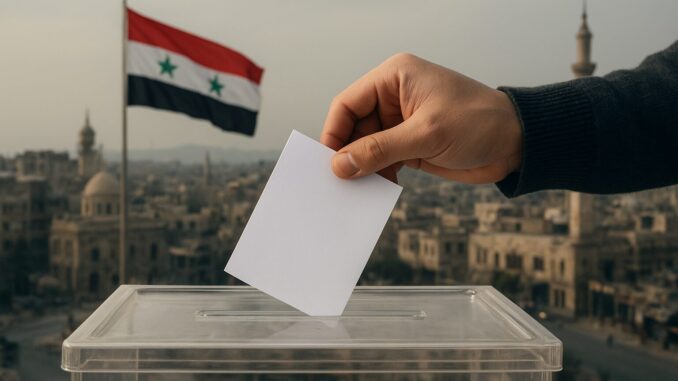 Eleições Sírias 2025 Mão depositando voto em urna transparente com bandeira da Síria ao fundo, simbolizando as eleições parlamentares do país.