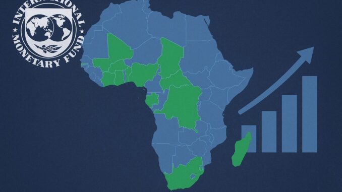 Mapa da África com países que receberam empréstimos do FMI destacados em verde. Logotipo do Fundo Monetário Internacional no canto superior esquerdo e gráfico de barras indicando crescimento econômico/dívida no lado direito.
