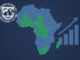 Mapa da África com países que receberam empréstimos do FMI destacados em verde. Logotipo do Fundo Monetário Internacional no canto superior esquerdo e gráfico de barras indicando crescimento econômico/dívida no lado direito.