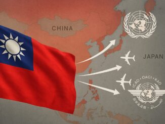 Bandeira de Taiwan em primeiro plano, mapa da China e Japão ao fundo, com setas e aviões simbolizando o apoio internacional de aliados como EUA, Japão e Coreia do Sul.