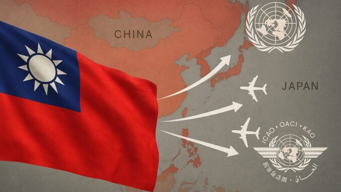 Bandeira de Taiwan em primeiro plano, mapa da China e Japão ao fundo, com setas e aviões simbolizando o apoio internacional de aliados como EUA, Japão e Coreia do Sul.