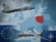 Caças militares russos sobrevoando mapa da Europa, com destaque para Estônia, Polônia e Alemanha, representando incursões aéreas e tensões com a OTAN.