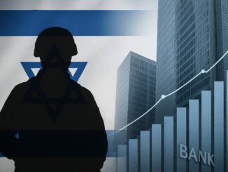 Silhueta de reservista israelense sobre a bandeira de Israel, com prédios de bancos ao fundo e gráfico de lucros ascendentes, simbolizando tensões militares e ganhos econômicos.