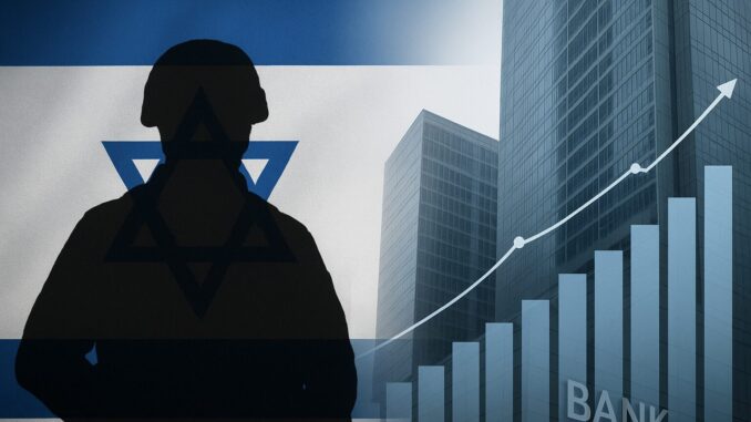 Conflito e Economia em Israel Silhueta de reservista israelense sobre a bandeira de Israel, com prédios de bancos ao fundo e gráfico de lucros ascendentes, simbolizando tensões militares e ganhos econômicos.