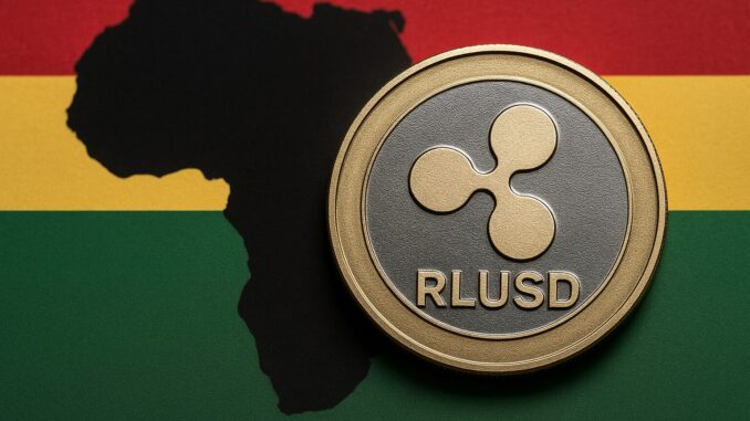 Expansão da Ripple na África Moeda digital RLUSD da Ripple sobre mapa da África com cores de bandeira, simbolizando inclusão financeira e remessas internacionais no continente.