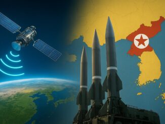 Satélite interferido e mísseis norte-coreanos apontando para o mapa da Coreia, ilustrando ações militares e desafios globais de segurança.