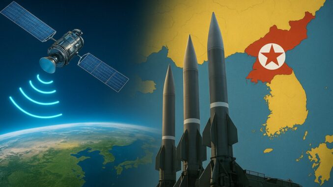 Ameaça Norte-Coreana aos Satélites e Segurança Global Satélite interferido e mísseis norte-coreanos apontando para o mapa da Coreia, ilustrando ações militares e desafios globais de segurança.