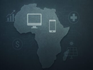 Mapa da África com ícones representando tecnologia, fintech, saúde digital e energia solar, simbolizando o crescimento do ecossistema de startups no continente.