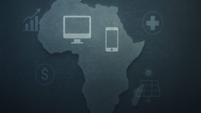 Inovação Africana 2025 Mapa da África com ícones representando tecnologia, fintech, saúde digital e energia solar, simbolizando o crescimento do ecossistema de startups no continente.